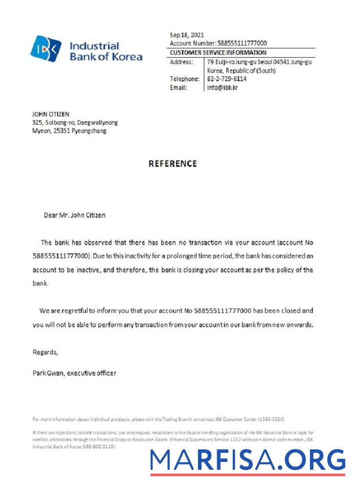 Blank Korea Industrial bank closure reference template